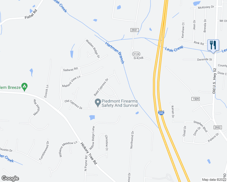 map of restaurants, bars, coffee shops, grocery stores, and more near 220 Old Cypress Drive in Winston-Salem