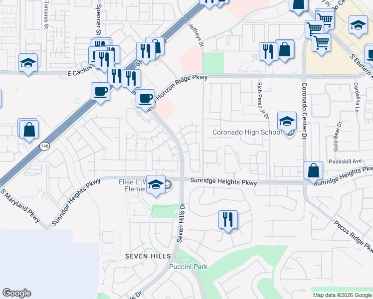 map of restaurants, bars, coffee shops, grocery stores, and more near 950 Seven Hills Drive in Henderson