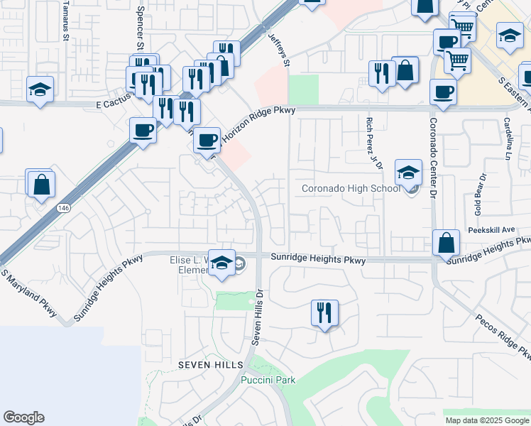 map of restaurants, bars, coffee shops, grocery stores, and more near 950 Seven Hills Drive in Henderson