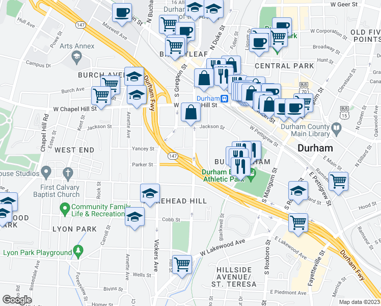map of restaurants, bars, coffee shops, grocery stores, and more near 600 South Duke Street in Durham