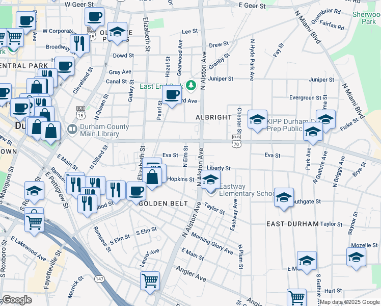 map of restaurants, bars, coffee shops, grocery stores, and more near 803 Eva Street in Durham