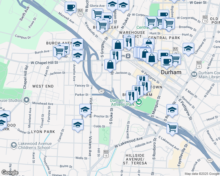 map of restaurants, bars, coffee shops, grocery stores, and more near 600 South Duke Street in Durham