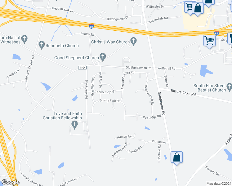 map of restaurants, bars, coffee shops, grocery stores, and more near 807 Thorncroft Road in Greensboro
