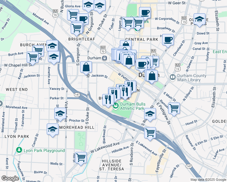 map of restaurants, bars, coffee shops, grocery stores, and more near 324 Blackwell Street in Durham