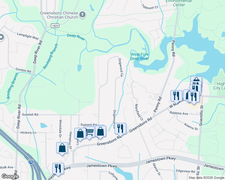 map of restaurants, bars, coffee shops, grocery stores, and more near 692 Dogwood Circle in High Point