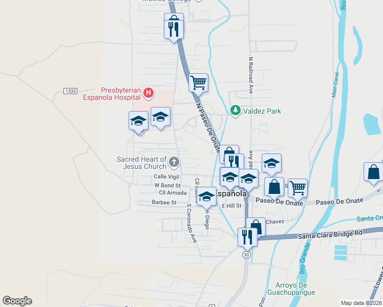 map of restaurants, bars, coffee shops, grocery stores, and more near 303 North Coronado Avenue in Española