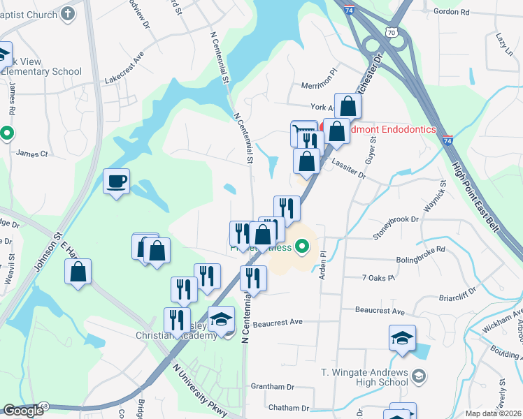 map of restaurants, bars, coffee shops, grocery stores, and more near 2312 North Centennial Street in High Point