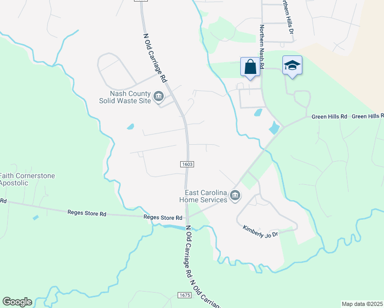 map of restaurants, bars, coffee shops, grocery stores, and more near 1737 North Old Carriage Road in Rocky Mount