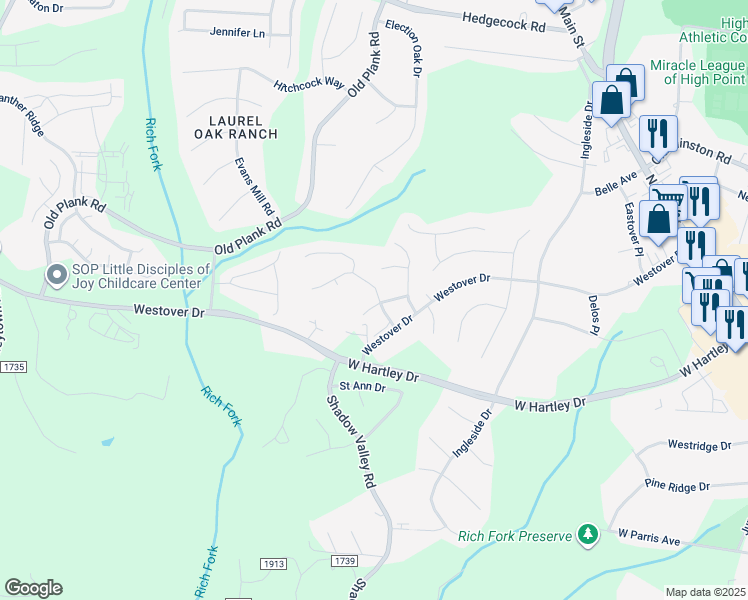 map of restaurants, bars, coffee shops, grocery stores, and more near 5425 Forester Drive in High Point
