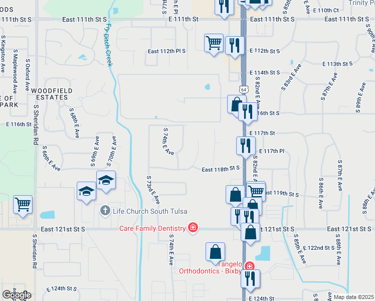 map of restaurants, bars, coffee shops, grocery stores, and more near 11640 South 75th East Avenue in Bixby