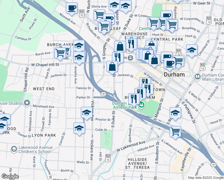 map of restaurants, bars, coffee shops, grocery stores, and more near 600 South Duke Street in Durham