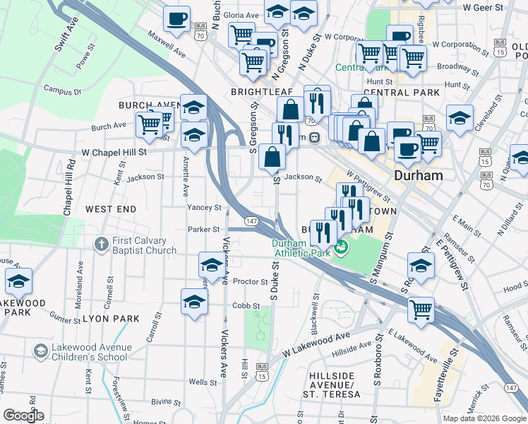 map of restaurants, bars, coffee shops, grocery stores, and more near 507 Yancey Street in Durham