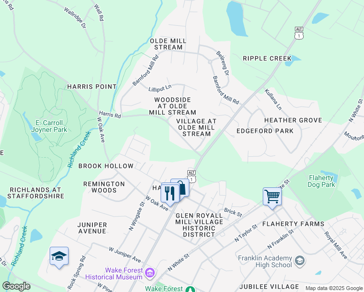 map of restaurants, bars, coffee shops, grocery stores, and more near 201 Harris Rd in Wake Forest