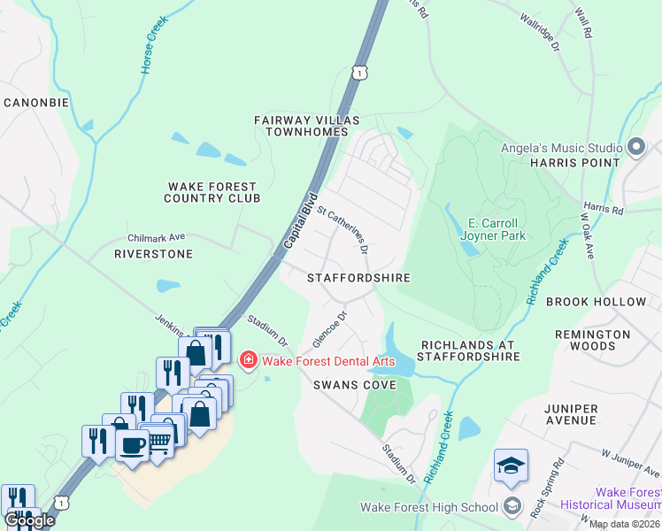 map of restaurants, bars, coffee shops, grocery stores, and more near 971 East Durness Court in Wake Forest