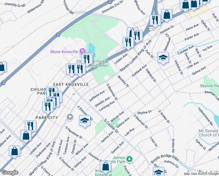 map of restaurants, bars, coffee shops, grocery stores, and more near 3298 Ashland Avenue in Knoxville
