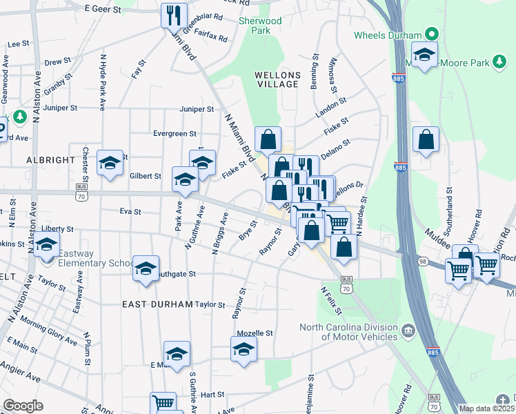 map of restaurants, bars, coffee shops, grocery stores, and more near 1777 Holloway Street in Durham