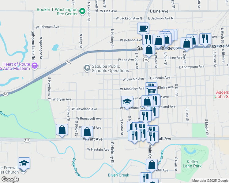 map of restaurants, bars, coffee shops, grocery stores, and more near 310 West McKinley Avenue in Sapulpa
