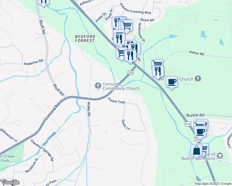map of restaurants, bars, coffee shops, grocery stores, and more near 9853 Concord Road in Brentwood