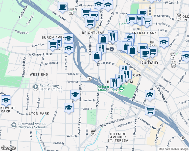 map of restaurants, bars, coffee shops, grocery stores, and more near 600 South Duke Street in Durham