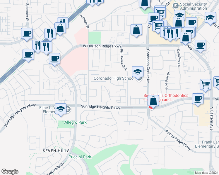 map of restaurants, bars, coffee shops, grocery stores, and more near 2900 Sunridge Heights Parkway in Henderson