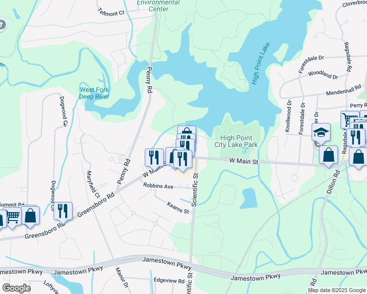 map of restaurants, bars, coffee shops, grocery stores, and more near 100-298 Parkview Terrace in Jamestown