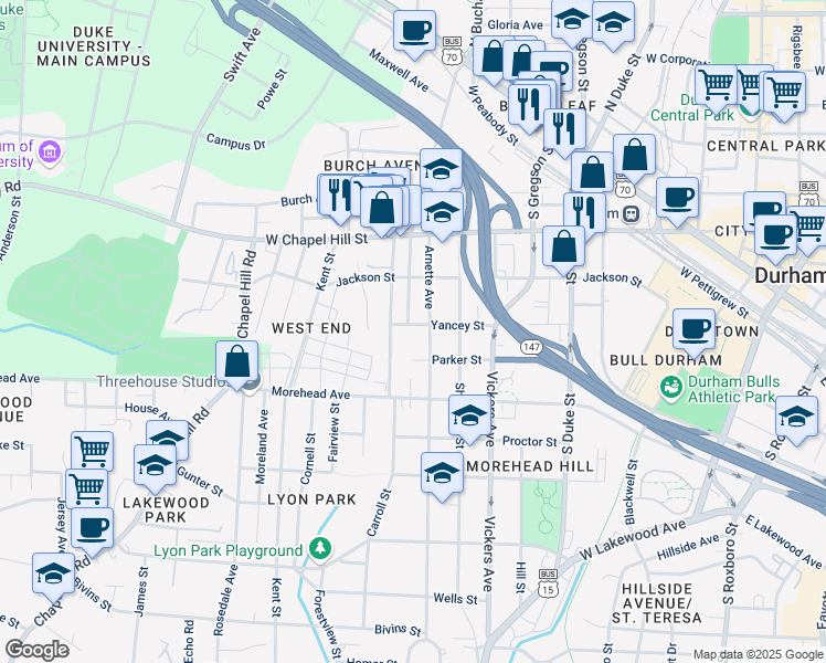 map of restaurants, bars, coffee shops, grocery stores, and more near 911 Yancey Street in Durham