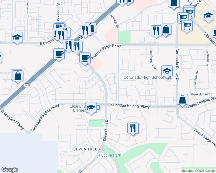 map of restaurants, bars, coffee shops, grocery stores, and more near 950 Seven Hills Drive in Henderson