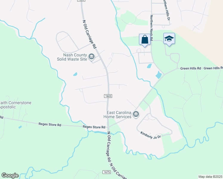 map of restaurants, bars, coffee shops, grocery stores, and more near 1737 North Old Carriage Road in Rocky Mount