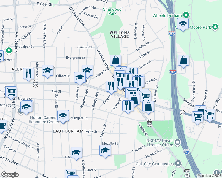 map of restaurants, bars, coffee shops, grocery stores, and more near 1777 Holloway Street in Durham
