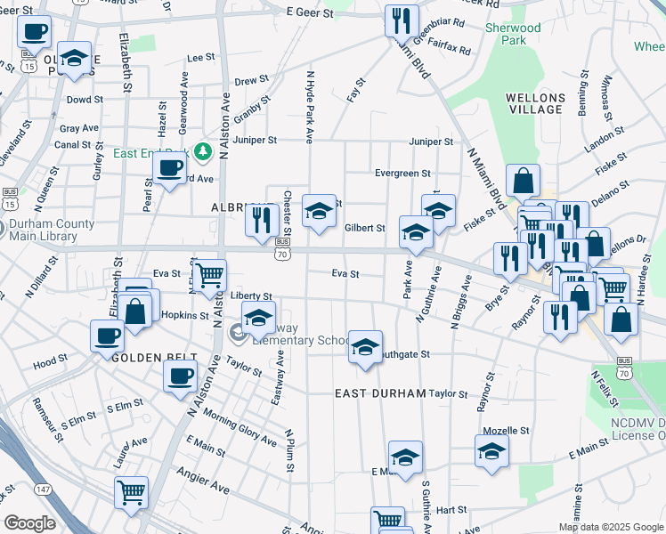 map of restaurants, bars, coffee shops, grocery stores, and more near 1118 Holloway Street in Durham