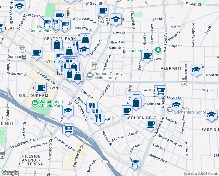 map of restaurants, bars, coffee shops, grocery stores, and more near 218 North Dillard Street in Durham