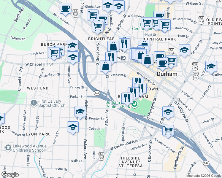 map of restaurants, bars, coffee shops, grocery stores, and more near 600 South Duke Street in Durham