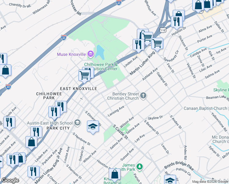 map of restaurants, bars, coffee shops, grocery stores, and more near 3301 Ashland Avenue in Knoxville