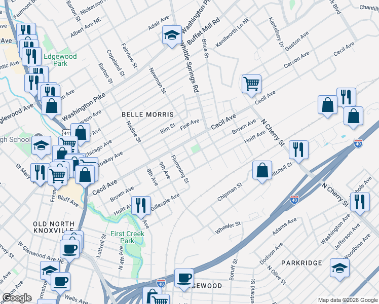 map of restaurants, bars, coffee shops, grocery stores, and more near 2100 Cecil Avenue in Knoxville