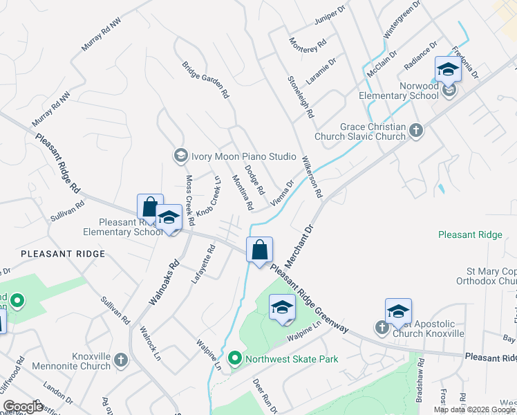 map of restaurants, bars, coffee shops, grocery stores, and more near 5600 Montina Road in Knoxville