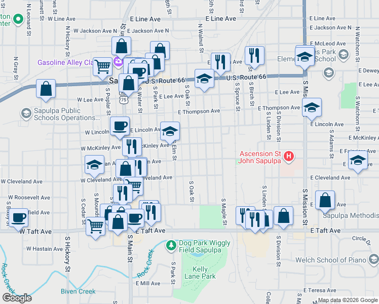 map of restaurants, bars, coffee shops, grocery stores, and more near 403 South Oak Street in Sapulpa