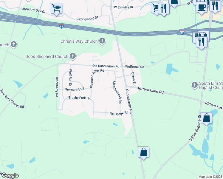 map of restaurants, bars, coffee shops, grocery stores, and more near 803 Quail Cove Court in Greensboro