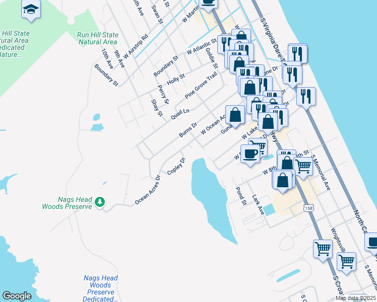 map of restaurants, bars, coffee shops, grocery stores, and more near 411 Jones Road in Kill Devil Hills