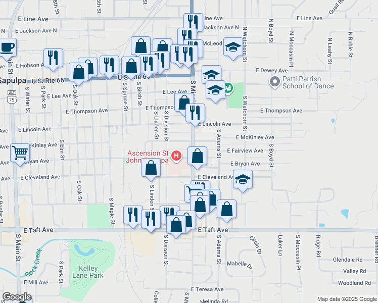 map of restaurants, bars, coffee shops, grocery stores, and more near 414 South Mission Street in Sapulpa