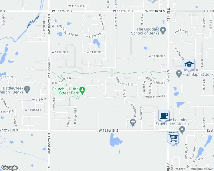 map of restaurants, bars, coffee shops, grocery stores, and more near 11711 South Locust Avenue in Jenks