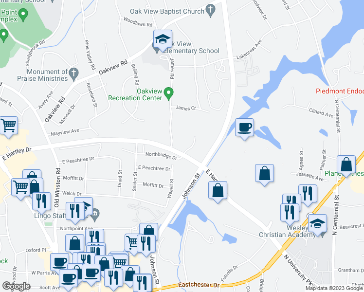 map of restaurants, bars, coffee shops, grocery stores, and more near 3009 Windchase Court in High Point