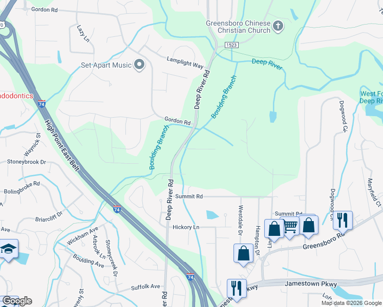 map of restaurants, bars, coffee shops, grocery stores, and more near 3406 Haleys Way in High Point