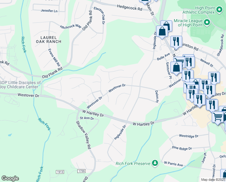 map of restaurants, bars, coffee shops, grocery stores, and more near 611 Westover Drive in High Point