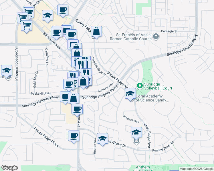map of restaurants, bars, coffee shops, grocery stores, and more near 2544 Sundew Avenue in Henderson
