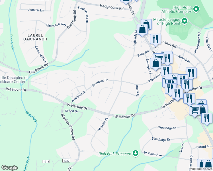map of restaurants, bars, coffee shops, grocery stores, and more near 2725 Camillia Cove in High Point