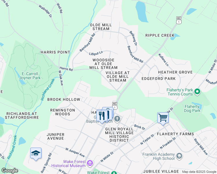 map of restaurants, bars, coffee shops, grocery stores, and more near 205 Harris Road in Wake Forest