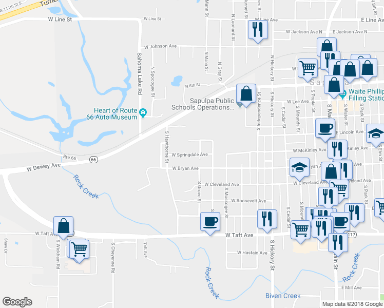 map of restaurants, bars, coffee shops, grocery stores, and more near 908 West Springdale Avenue in Sapulpa
