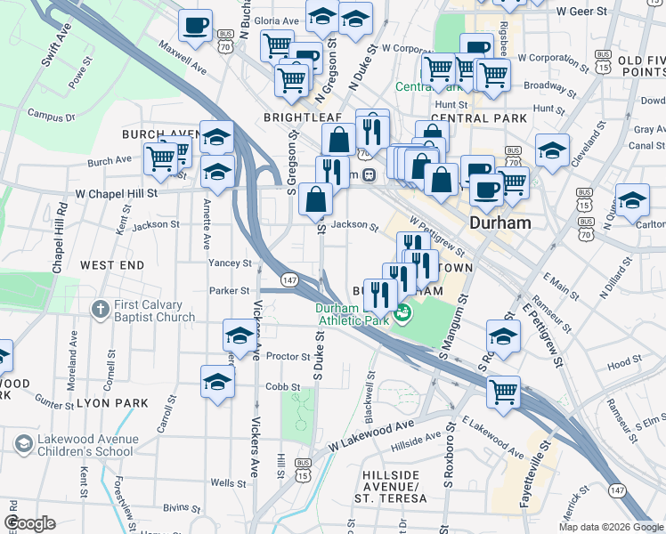 map of restaurants, bars, coffee shops, grocery stores, and more near 600 Willard Street in Durham