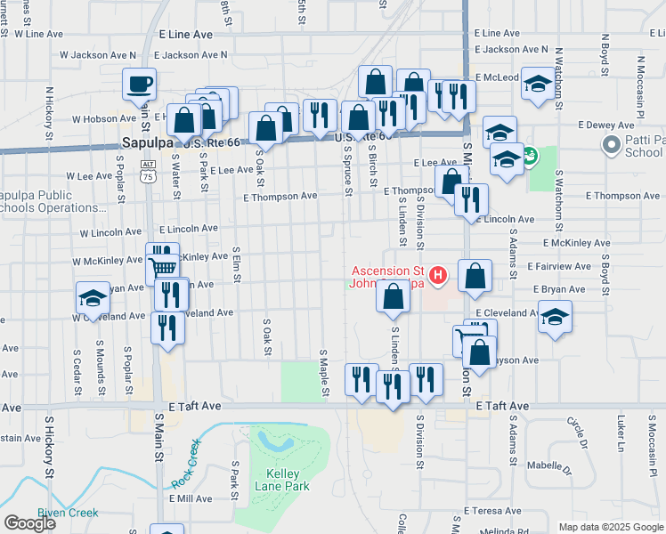 map of restaurants, bars, coffee shops, grocery stores, and more near 417 South Maple Street in Sapulpa
