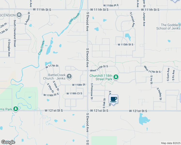 map of restaurants, bars, coffee shops, grocery stores, and more near 1802 West 117th Street South in Jenks